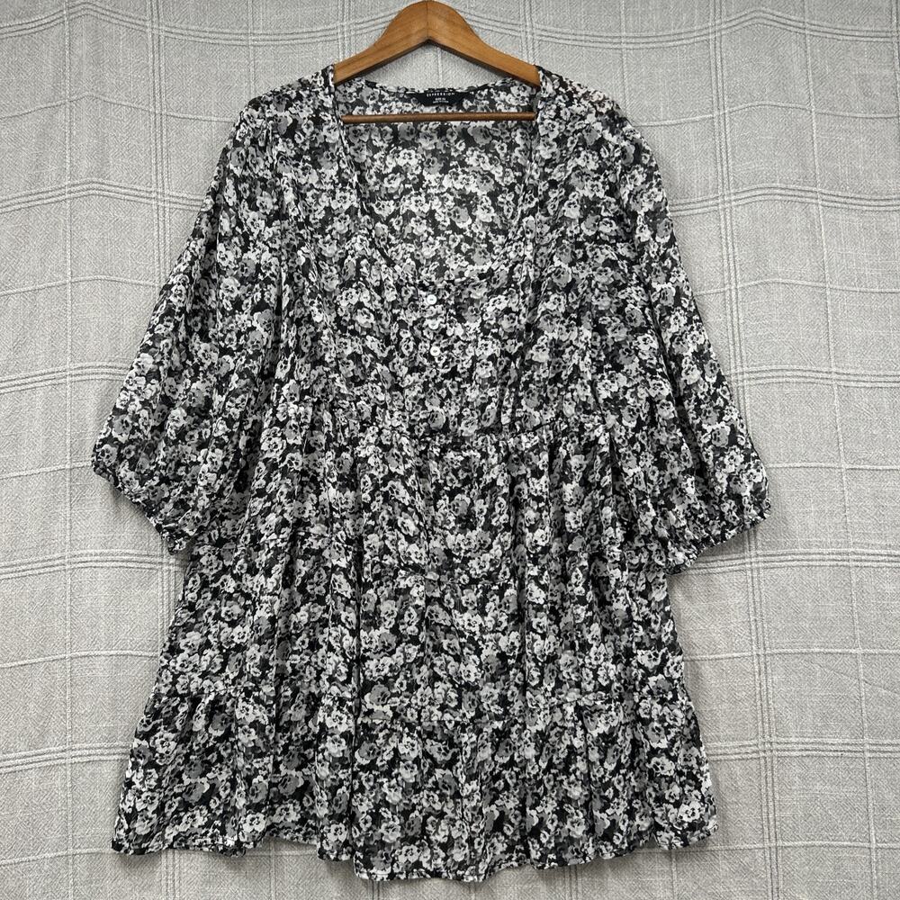 Expression Black White Floral Sheer Blouse Plus Size 26 Tiered Ruffle Pleated